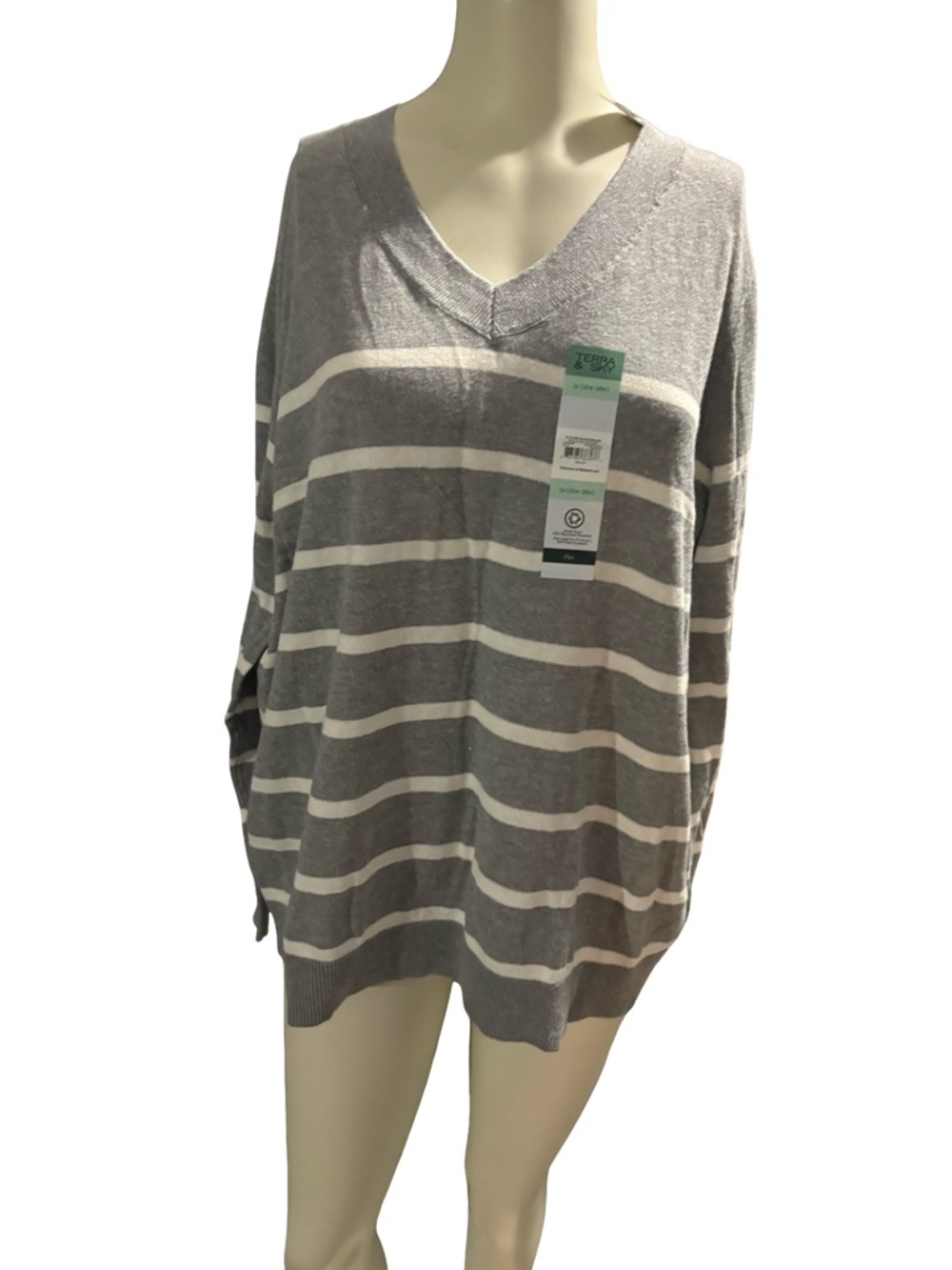 Terra & Sky Gray and White Striped V-Neck Sweater